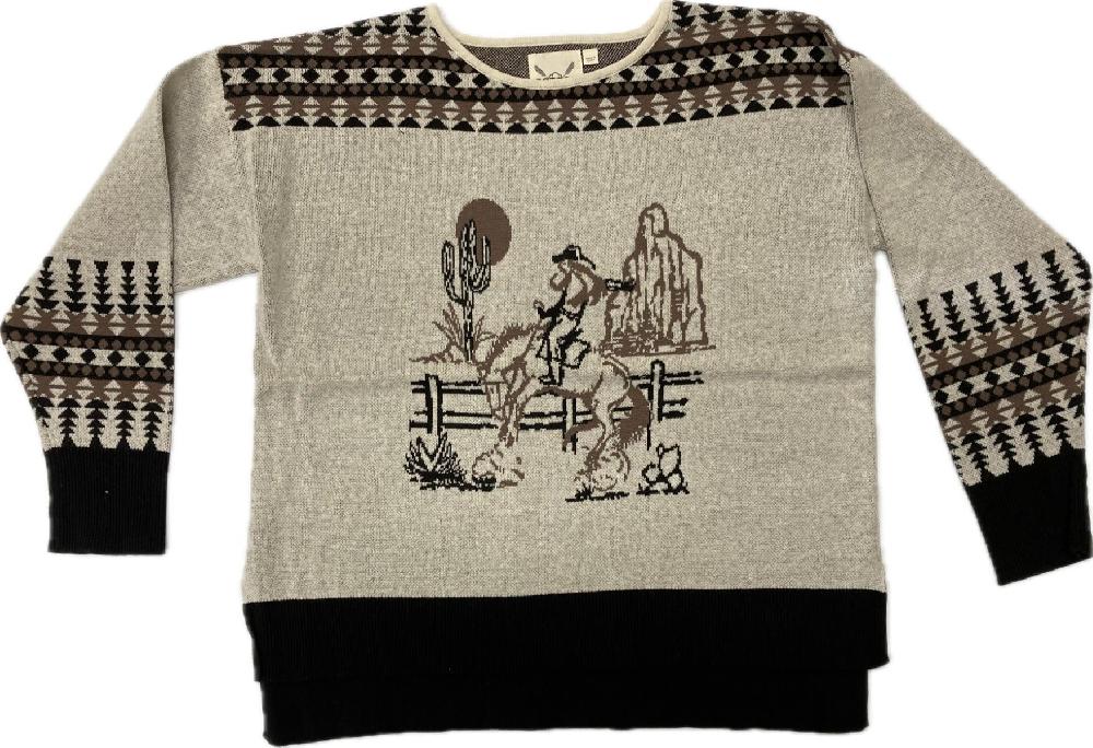 le bos Cotton & Rye Natural Brown Multi Women's Longsleeve Sweater with Vintage Cowgirl Graphic on the Front CRK805X