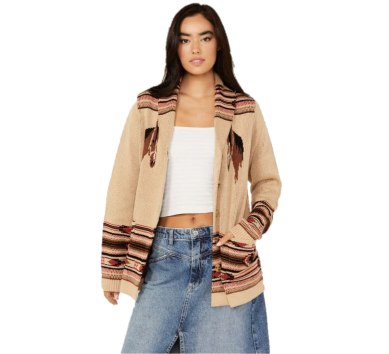 le bos Cotton & Rye Tan Women's Cardigan with Horses on the Back CRK511T