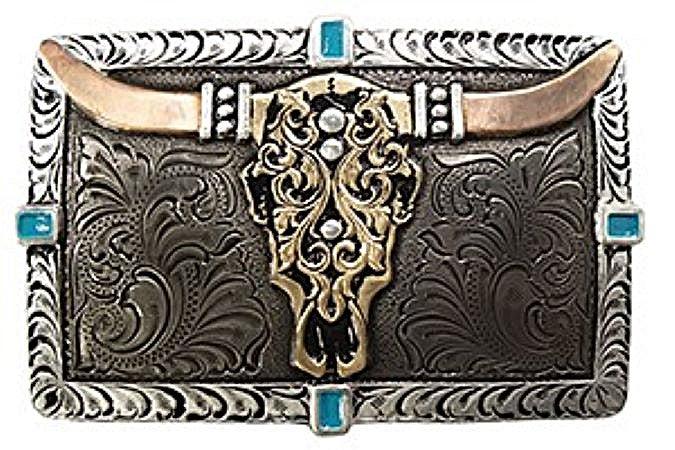 le bos Crumrine Antique Gold and Silver Rectangle Buckle with Floral Engraved Corners C10012