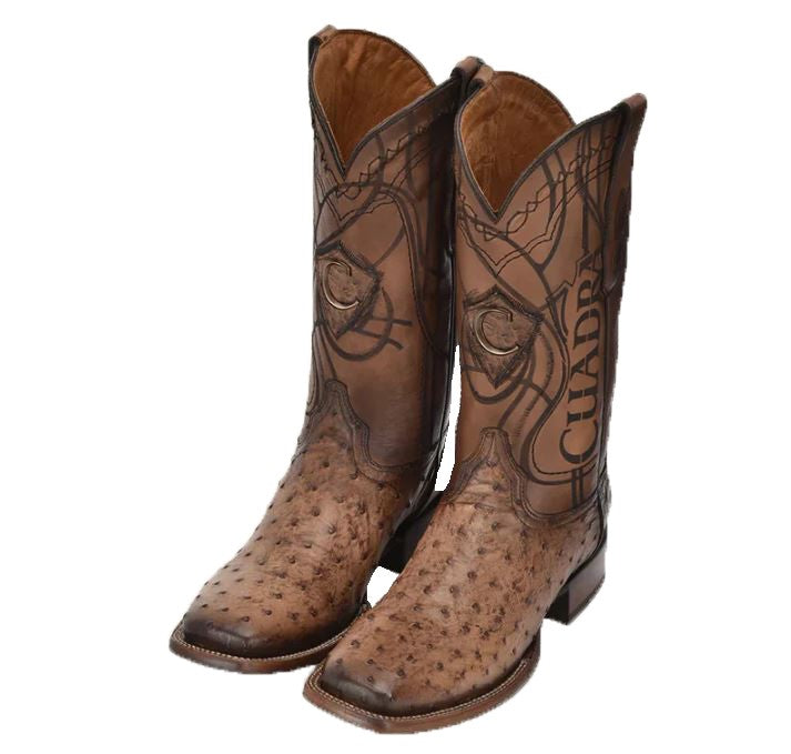 Le Bos Cuadra Brown Lugano Brown Ostrich Men's Wide Square Toe Boots CU744