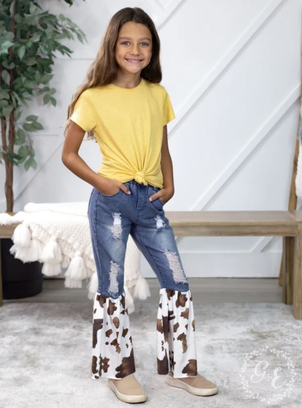 le bos Grace and Emma Cowhide Somewhere Between Western and Wildin Girls Denim Flare Pants K6708E