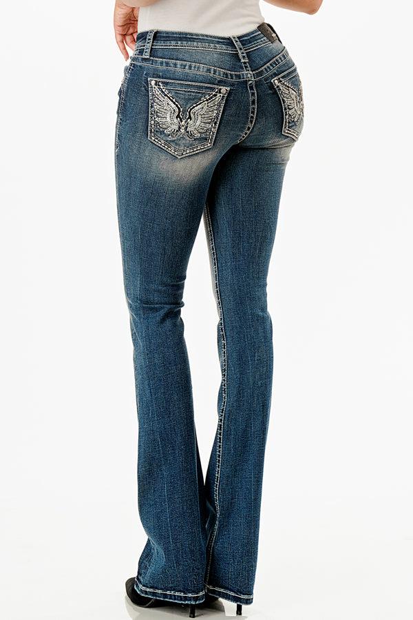 le bos Grace in LA Dark Wash Easy Fit Feather Wing Pocket Bootcut Women's Jeans EB-51855SL