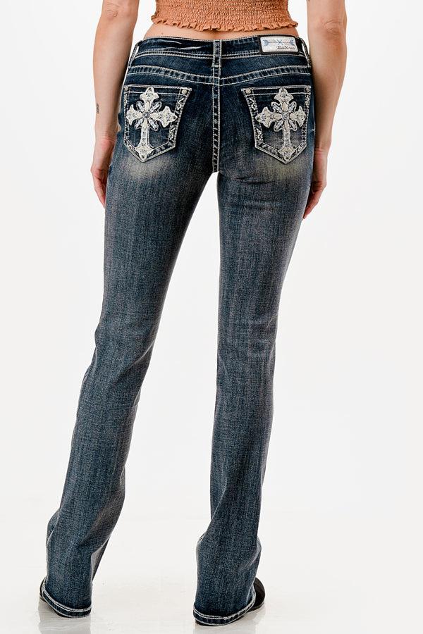 le bos Grace in LA Dark Wash Easy Fit Mid Rise Bootcut Women's Jeans with a Cross on the pocket EB-S867