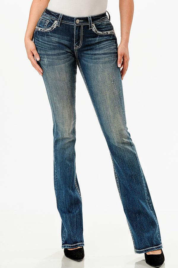 Le Bos Grace In LA Dark Wash Easy Fit Paisley Embroidery Inset Horseshoe Bootcut Women's Jeans EB-51908