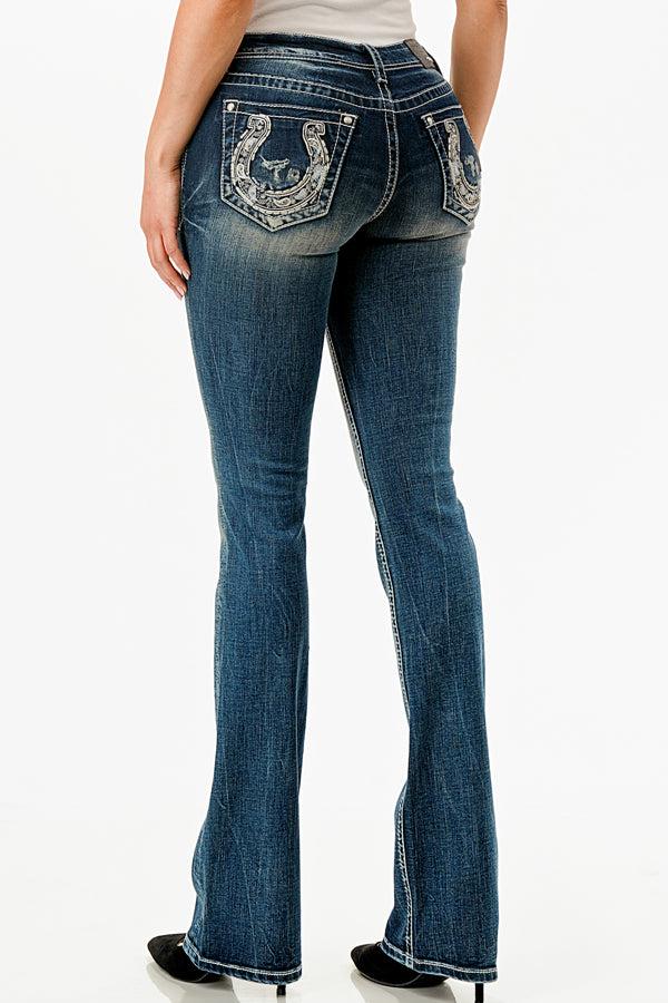 Le Bos Grace In LA Dark Wash Easy Fit Paisley Embroidery Inset Horseshoe Bootcut Women's Jeans EB-51908