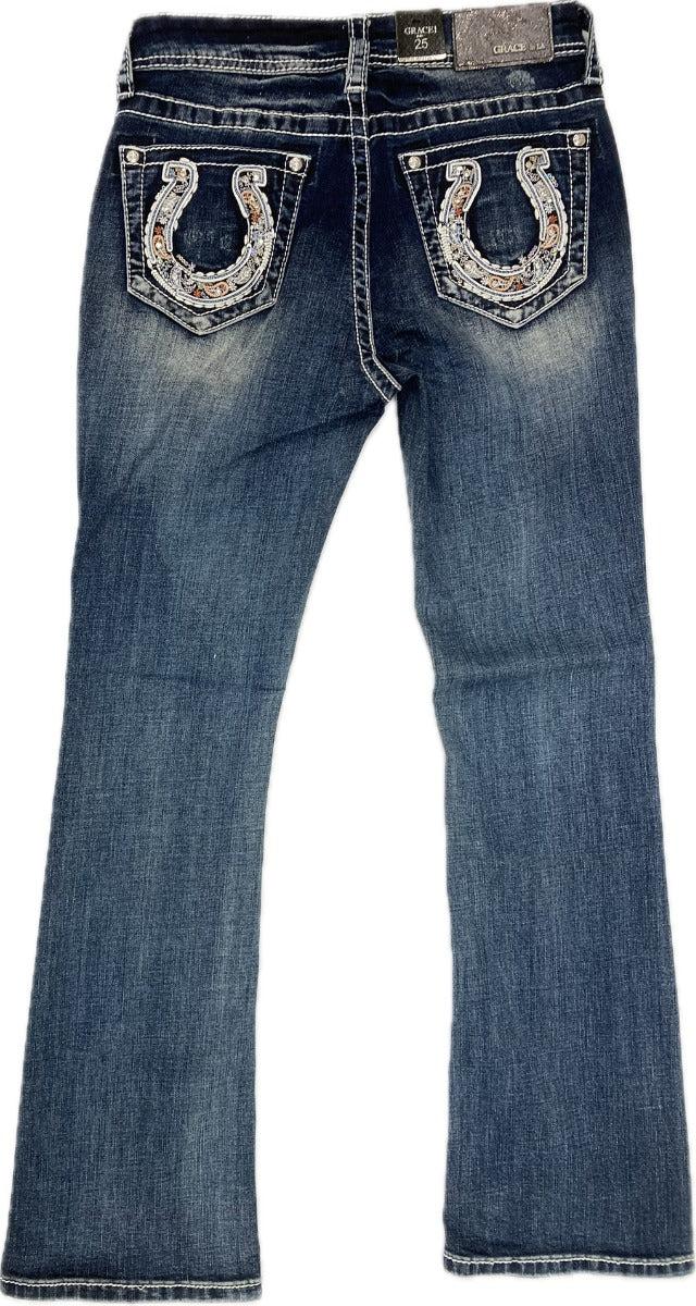 Le Bos Grace In LA Dark Wash Easy Fit Paisley Embroidery Inset Horseshoe Bootcut Women's Jeans EB-51908