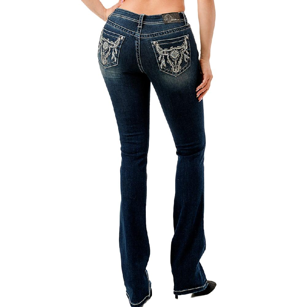 le bos Grace in LA Dark Wash Easy Fit Women's Jeans with a Floral Steer Head Pocket EB-51955