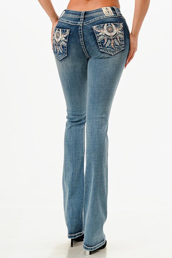 Le Bos Grace In LA Easy Fit Mid Rise Boot Cut Women's Jeans With Dreamcatcher Embroidery (30 Inch Inseam) EB81753-30