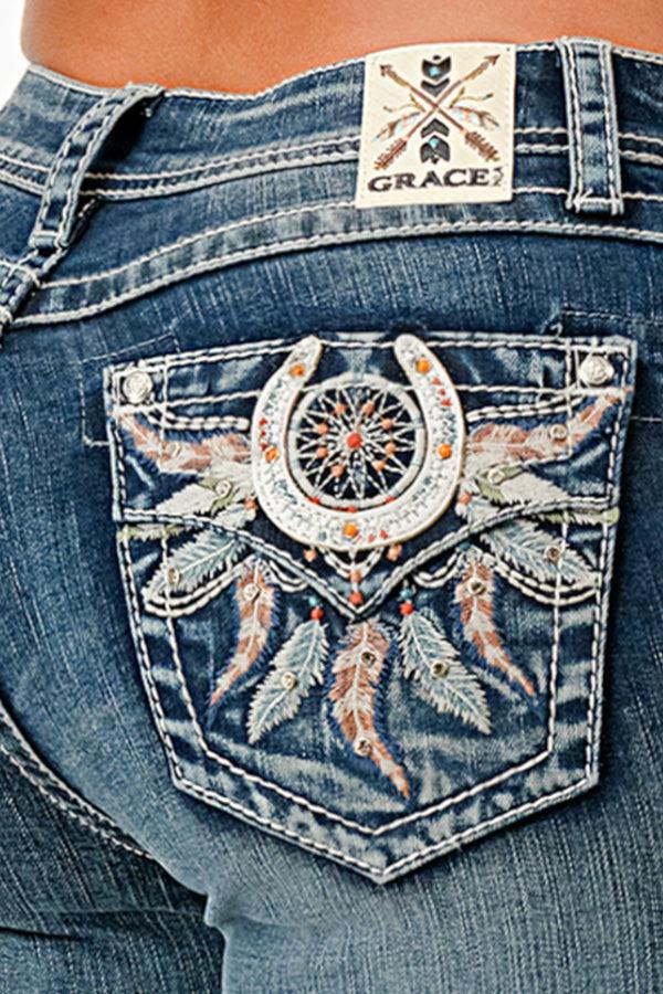 Le Bos Grace In LA Easy Fit Mid Rise Boot Cut Women's Jeans With Dreamcatcher Embroidery (30 Inch Inseam) EB81753-30