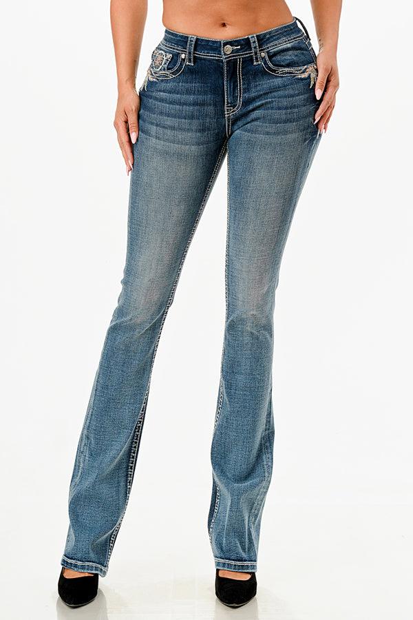 Le Bos Grace In LA Easy Fit Mid Rise Boot Cut Women's Jeans With Dreamcatcher Embroidery (30 Inch Inseam) EB81753-30