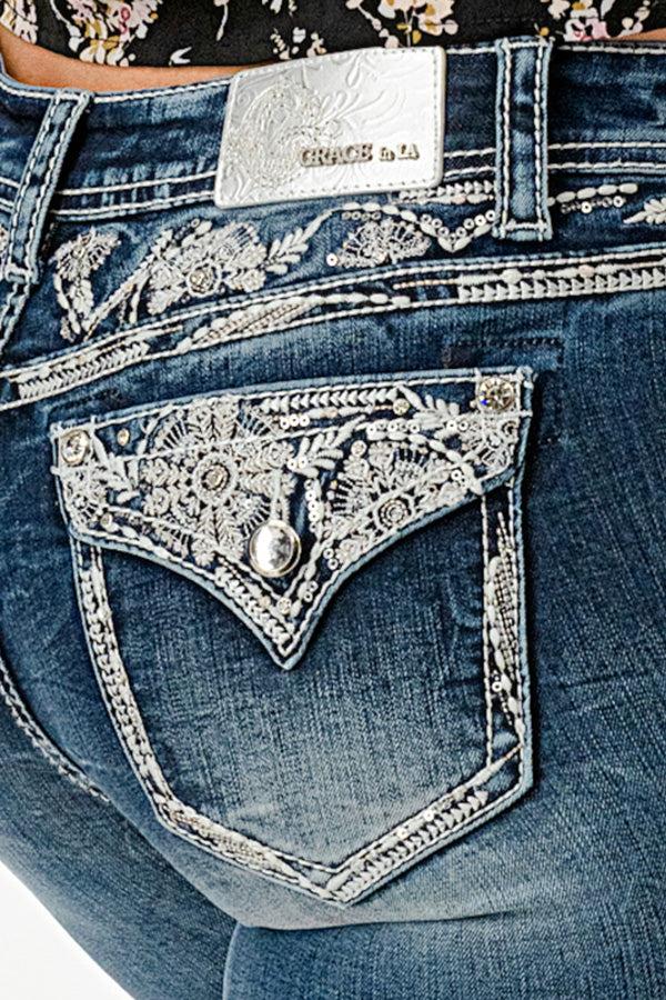 le bos Grace in LA Easy Fit Mid Rise Bootcut 32 inch inseam Women's Jeans with Embroidered Pocket Flaps EB-61987