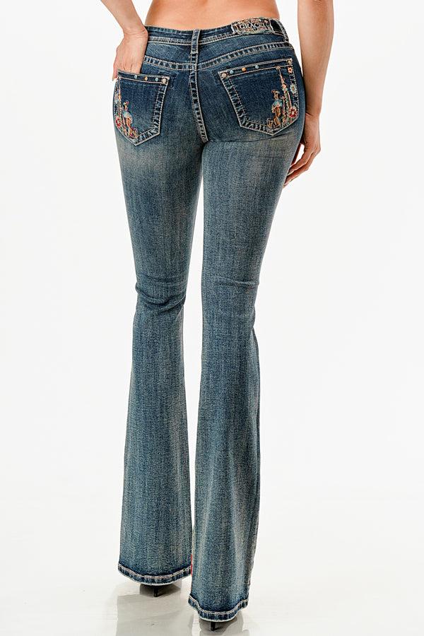 le bos Grace in LA Easy Fit Mid Rise Flare Women's Jeans with Cactus/Mushroom Embroidery Pocket EL61951