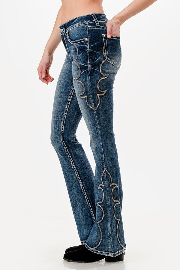 le bos Grace in LA Easy Fit Mid Rise Women's Flare Leg Jeans with Embroidered Hip to Hem Stich Design EL-81802