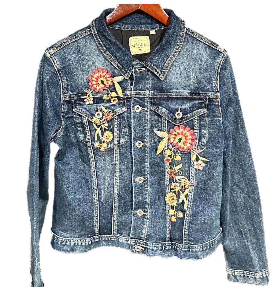 le bos Grace in LA Floral Embroidered Women's Stretch Denim Jacket TE-51933