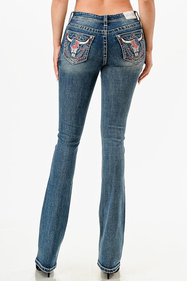 le bos Grace in LA Medium Wash American Steer Head Embellished Bootcut Women's Jeans (34 inch inseam) EB81738