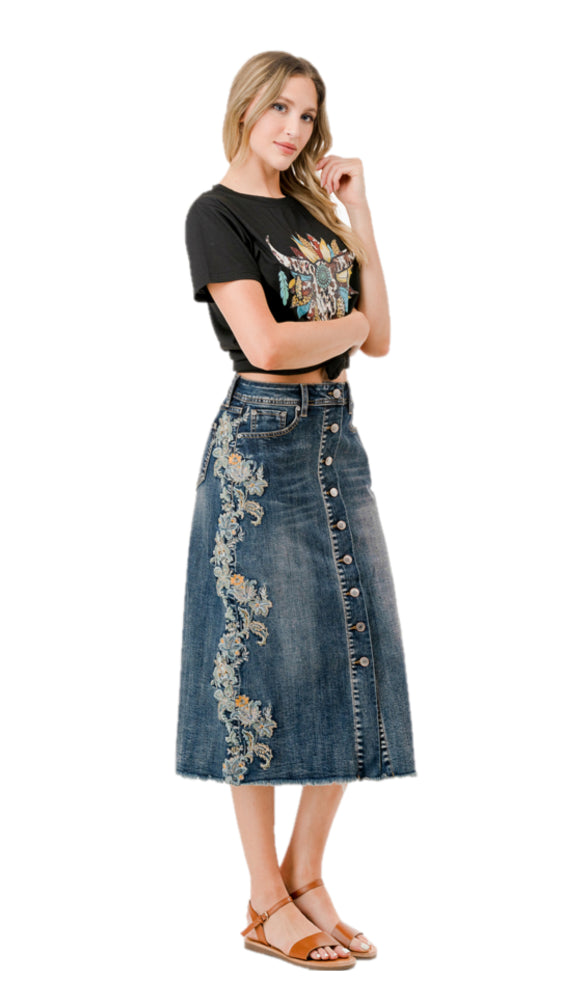 le bos Grace in LA Medium Wash Button Front Women's Floral Midi Skirt JLK-81721