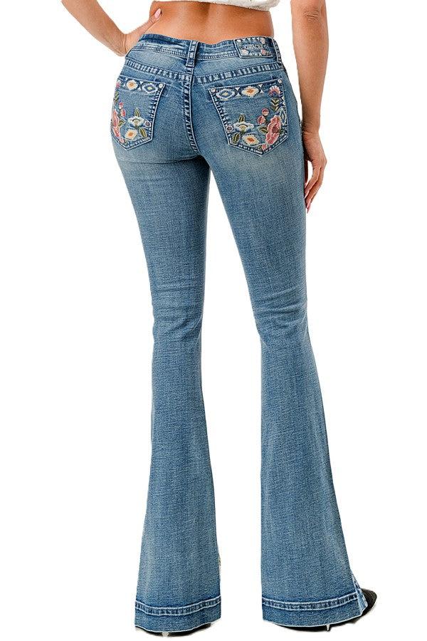 le bos Grace in LA Medium Wash Easy Fit Mid Rise Women's Flare Jeans with Aztec and Flower Embroidery on the Pockets ELS848