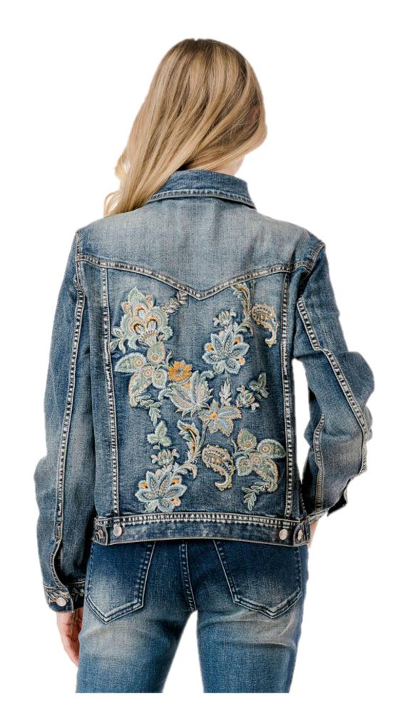 le bos Grace in LA Medium Wash Floral Embroidered Women's Jean Jacket TE-81712