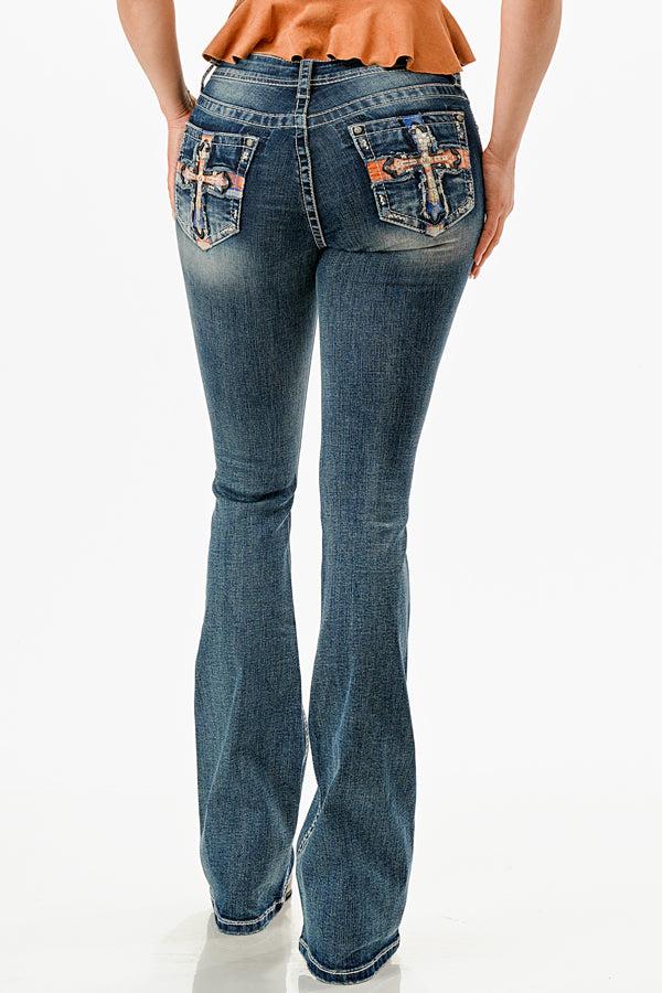 le bos Grace in LA Mid Wash Easy Fit Women's Jeans with Plaid Cross on the Pocket ELS770