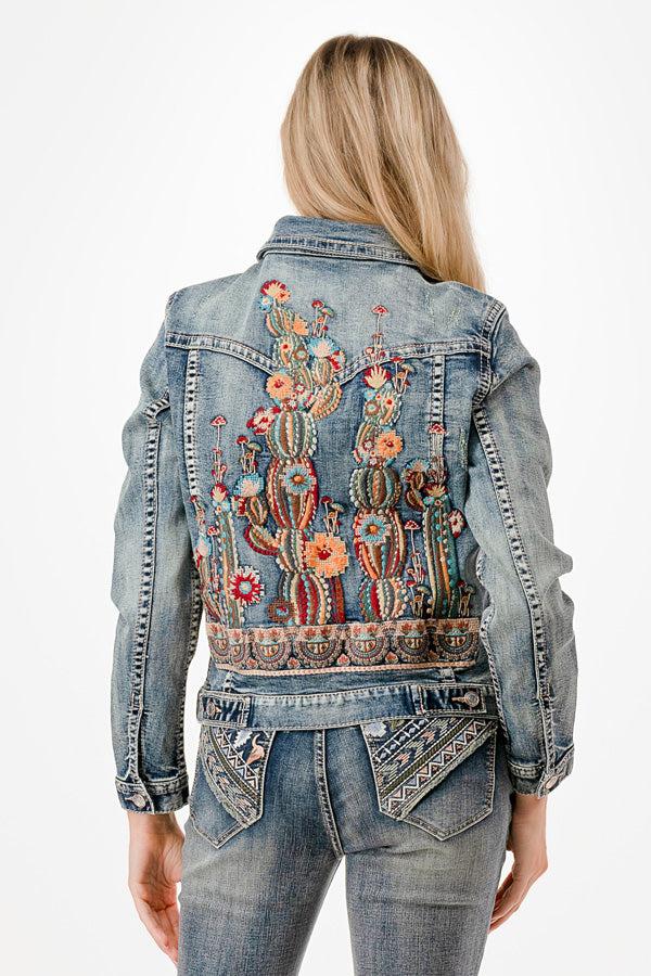 le bos Grace in LA Mushroom and Cactus Embroidery Pocket Button Front Jean Jacket TE61880