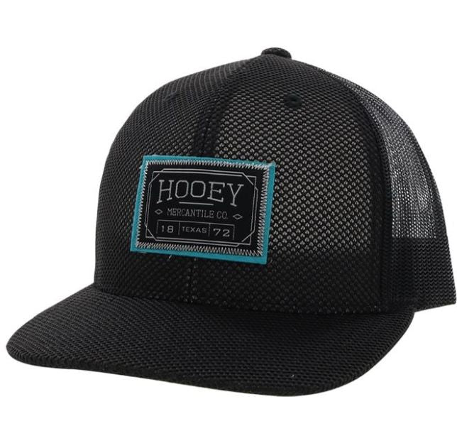 le bos Hooey Black Doc Youth Trucker Hat with Black/White/Turquoise Rectangle Patch 2202T-BK-Y