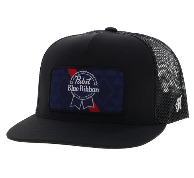 le bos Hooey Black 'Pabst Blue Ribbon' Snapback Hat with Black Blue and Red Rectangle Patch 2575T-BK