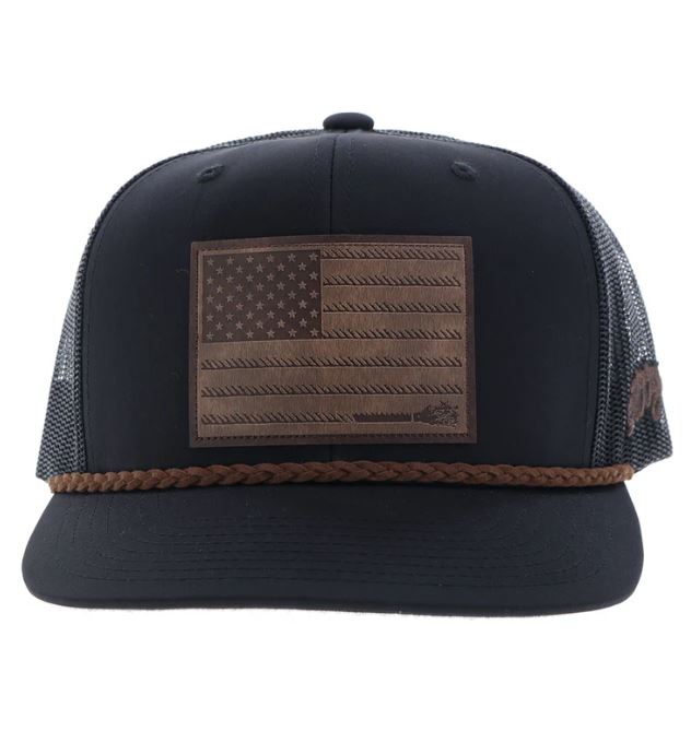 Le Bos Hooey Liberty Roper Black Snapback Hat With Leather Flag Patch 2510T-BK