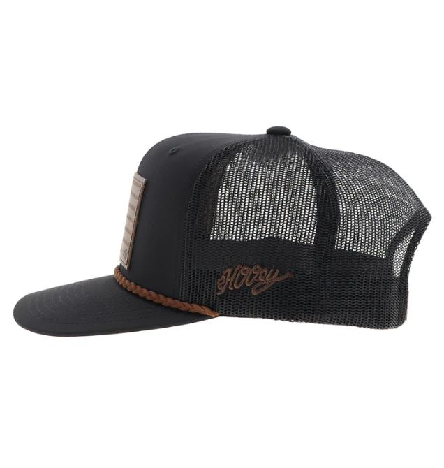 Le Bos Hooey Liberty Roper Black Snapback Hat With Leather Flag Patch 2510T-BK