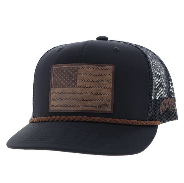 le bos Hooey Liberty Roper Black Snapback Hat with Leather Flag Patch 2510T-BK