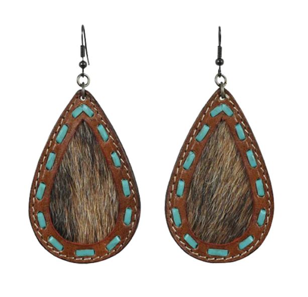 le bos Justin Brown/Turquoise Leather Teardrop Earrings with Brindle Hairon Inlay 23036EJ2