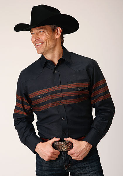 le bos Karman Roper Black Engineered Border Stripe Men's Long Sleeve Shirt 01-001-0043-0681 BL