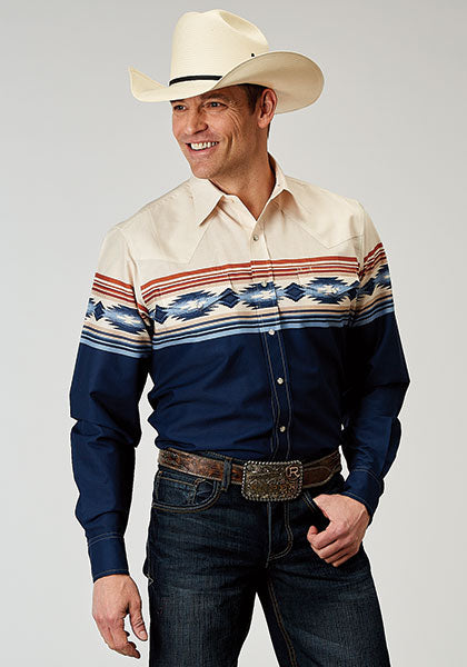 le bos Karman Roper Blue Aztec Border Print Men's Long Sleeve Snap Shirt 03-001-0431-0307