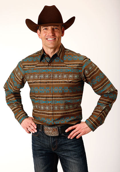 le bos Karman Roper Brown Men's Long Sleeve Horizontal Aztec Print Shirt 03-001-0067-0788