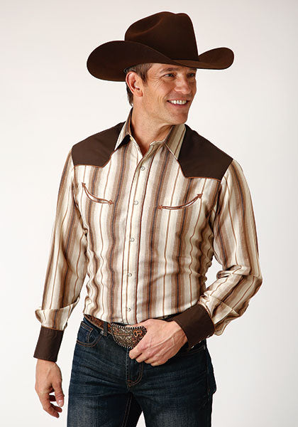 le bos Karman Roper Brown Men's Long Sleeve Snap Retro Contrast Fancy Yoke Shirt 01-001-0087-0668