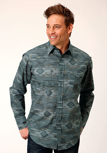 le bos Karman Roper Grey Aztec Print Men's Long Sleeve Snap Shirt 03-001-0067-0787