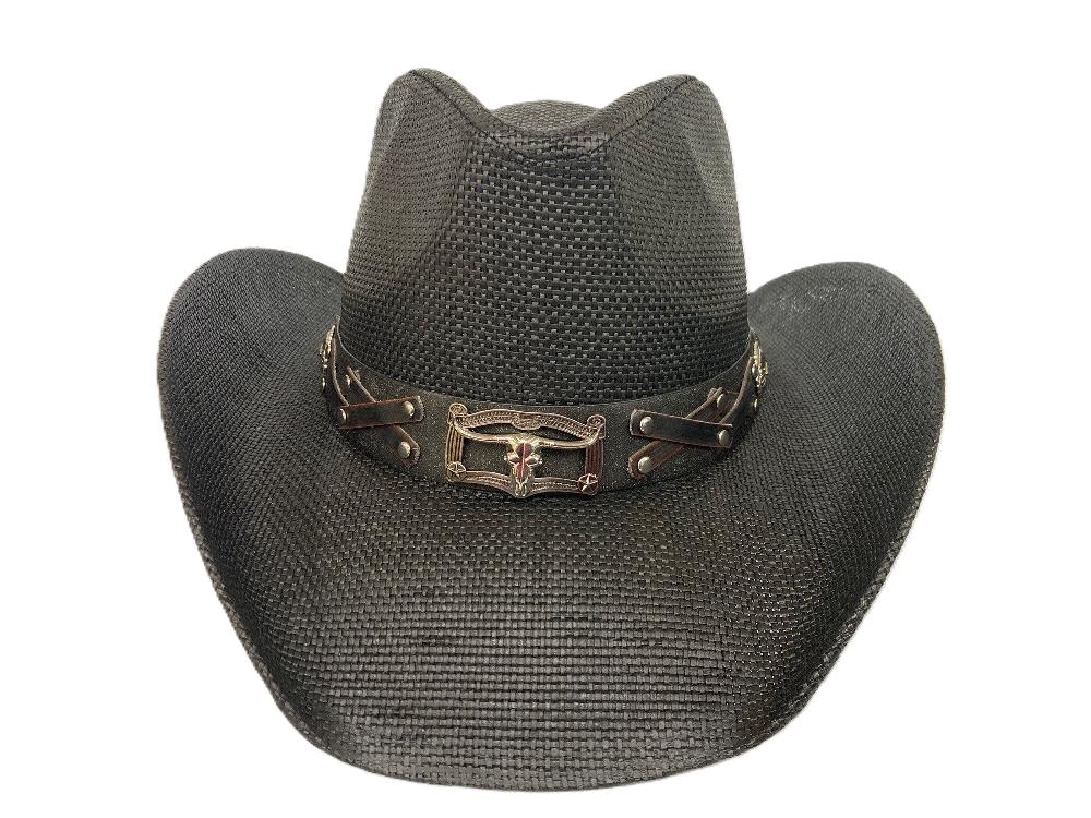 le bos Lebo's Black Fashion Straw Hat with Longhorn Hatband ZA247 le bos Lebo's Black Fashion Straw Hat with Longhorn Hatband ZA247