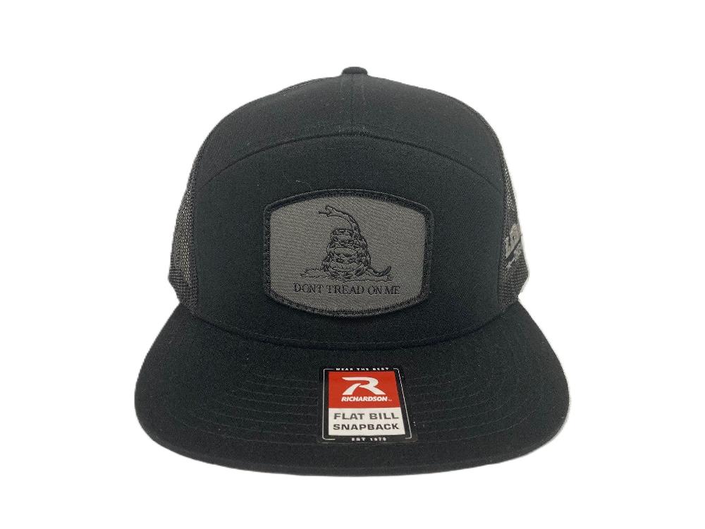 le bos Lebo's Black Richardson 7 Panel Flat Bill Snapback Trucker Hat with Grey 'Don't Tread On Me Patch' 168-BLK-DTOM le bos Lebo's Black Richardson 7 Panel Flat Bill Snapback Trucker Hat with Grey 'Don't Tread On Me Patch' 168-BLK-DTOM