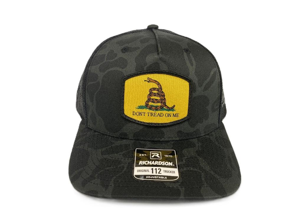 le bos Lebo's Duck Camo Richardson Original 112 Snapback Trucker Hat with Yellow Don't Tread On Me Patch 112PFPSBDBDTOMY