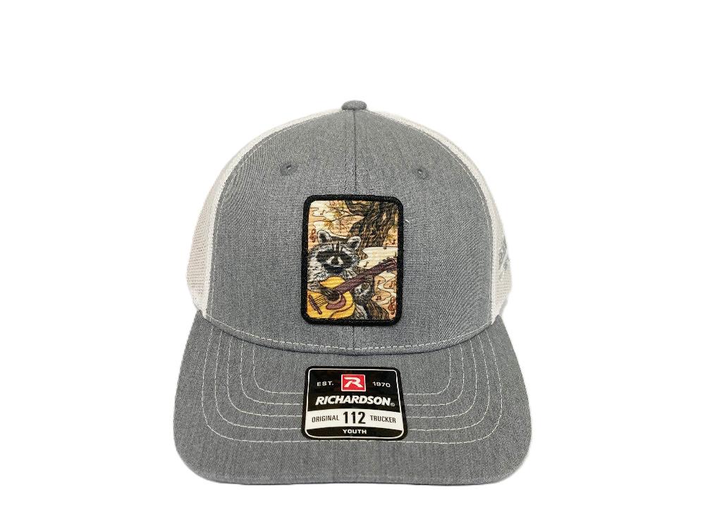 le bos Lebo's Heather Grey/White Richardson 112 Youth Size Trucker Hat with Racoon Patch MFRG-112-HGW-Y