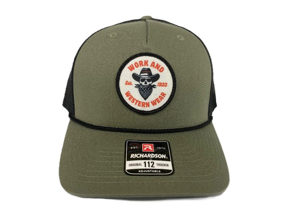 le bos Lebo's Loden/Black Richardson 112 Trucker Hat with 'Work and Western Wear' Round Patch 112FPR-LOBB-WW le bos Lebo's Loden/Black Richardson 112 Trucker Hat with 'Work and Western Wear' Round Patch 112FPR-LOBB-WW