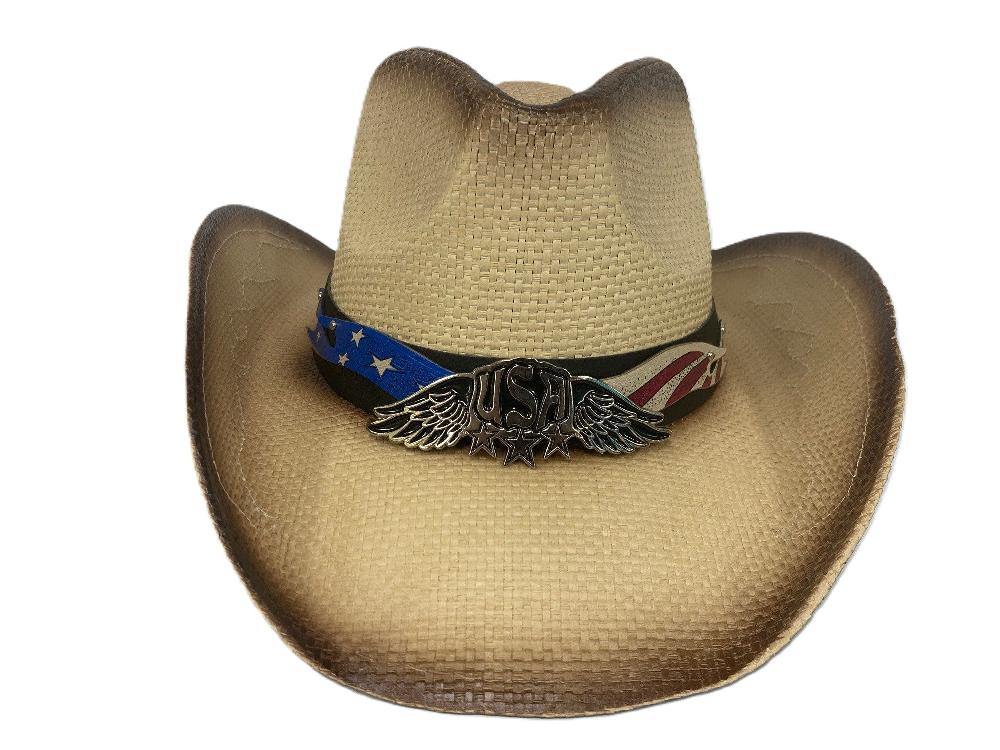 le bos Lebo's Tan Straw American Flag Fashion Western Hat ZA232 le bos Lebo's Tan Straw American Flag Fashion Western Hat ZA232