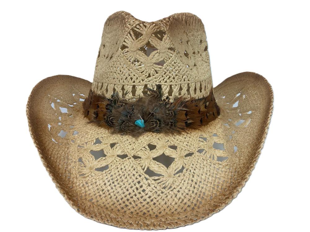 le bos Lebo's Tan Straw Fashion Western Hat with Feather Hatband ZA239