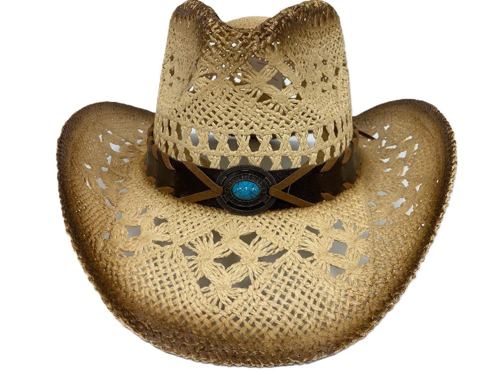 le bos Lebo's Tan Straw Ladies' Fashion Hat with Turquoise Look Stone ZA213