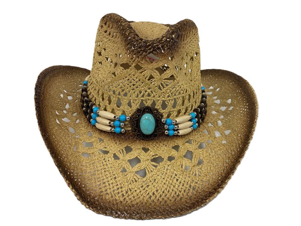 le bos Lebo's Tan Women's Straw Fashion Western Hat with Turquoise White and Brown Bead Hatband ZA255