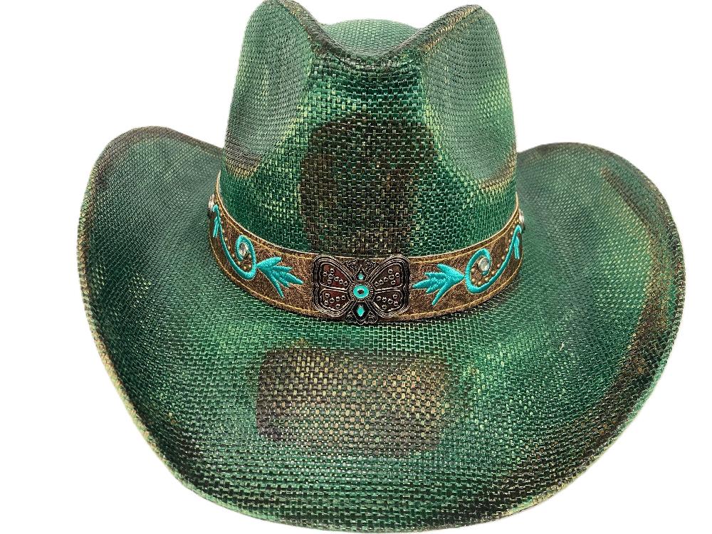 le bos Lebo's Turquoise Painted Splatter Women's Straw Fashion Hat ZA224