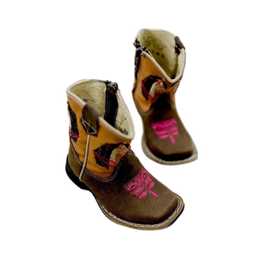 le bos Mishmoccs Brown Little Kids Wide Square Toe Cowgirl Boots COWGIRLBOOT