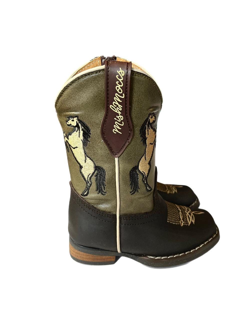 Le Bos Mishmoccs Brown With Horses On Olive Shaft Little Kid Wide Square Toe Cowboy Boots COWBOYBOOT