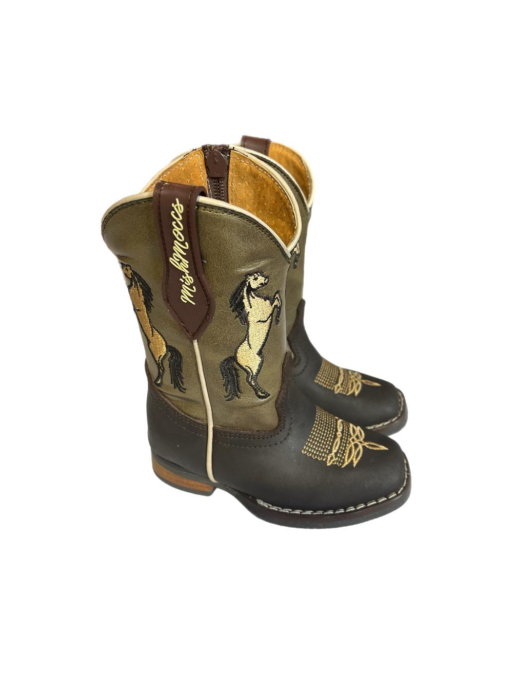 Le Bos Mishmoccs Brown With Horses On Olive Shaft Little Kid Wide Square Toe Cowboy Boots COWBOYBOOT