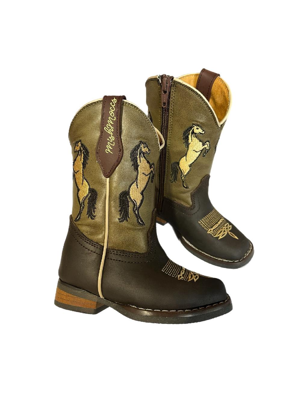 le bos Mishmoccs Brown with Horses on Olive Shaft Little Kid Wide Square Toe Cowboy Boots COWBOYBOOT