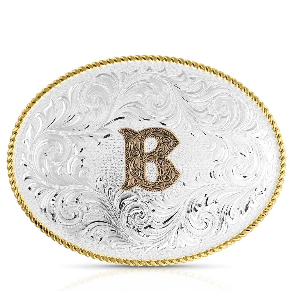le bos Montana Silversmiths Classic Western Oval Two-Tone Initial Belt Buckle- B 1255B